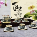 Bộ ấm trà dáng vuông bọc đồng kèm đĩa kê (Men rạn)
