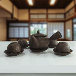 Bộ ấm chén tử sa ngàn hoa xanh quai ngang bầu