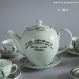 Bộ ấm chén phẩy trúc in logo quà tặng 700ml (Trắng)