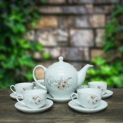 Bộ ấm chén sứ cao cấp dáng Minh Long hoa mai đỏ 800ml (Trắng)