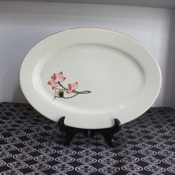 Đĩa sứ bầu dục vẽ tay Sen chỉ hồng cỡ S1 (Kem)