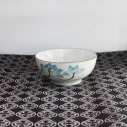 Bát cơm bầu bằng sứ cao cấp Bát Tràng vẽ tay Sen xanh (Trắng)