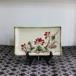 Khay sứ chữ nhật Xanh rêu cổ vẽ Sen đỏ S3