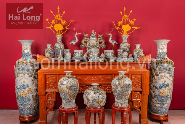 Bộ đồ thờ đầy đủ men Rạn cổ Gạo Nếp - Gốm sứ Hải Long Bát Tràng