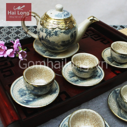 Bộ ấm chén dáng Minh Long bọc đồng 700ml (Men rạn)
