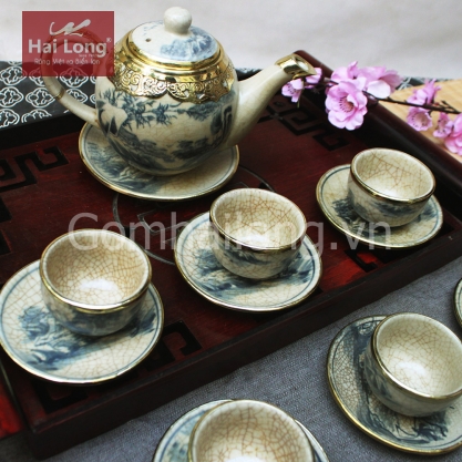 Bộ ấm chén dáng Minh Long bọc đồng 700ml (Men rạn)