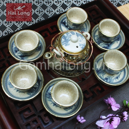 Bộ ấm chén vuốt giả cổ bọc đồng S3 (Men rạn)