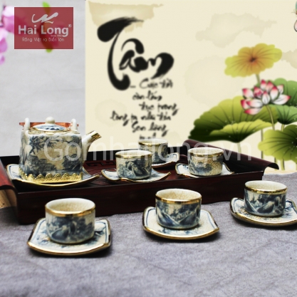 Bộ ấm trà dáng vuông bọc đồng kèm đĩa kê (Men rạn)
