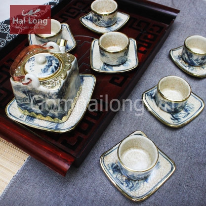 Bộ ấm trà dáng vuông bọc đồng kèm đĩa kê (Men rạn)