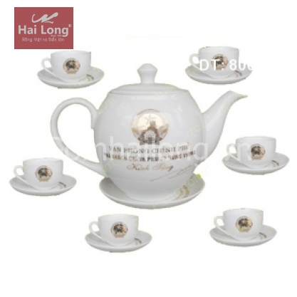 Ấm chén sứ in logo chỉ vàng kim cao cấp Bát Tràng (Trắng)