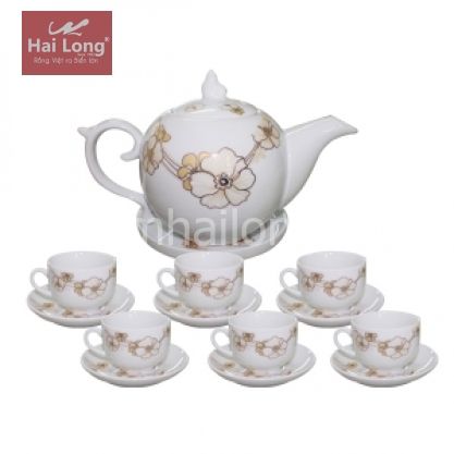 Ấm chén sứ Bát Tràng chóp lửa hoa dây vàng kim (Trắng)