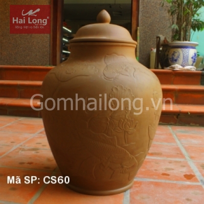 Chum sành 60 lít khắc nổi Hoa sen Cá chép