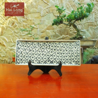 Khay chữ nhật đại men xanh đồng vẽ bèo 