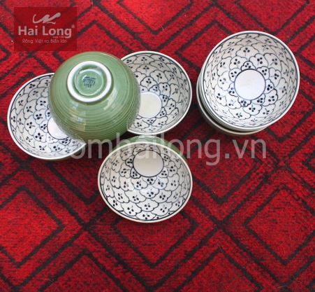 Bộ 6 bát cơm men xanh đồng vẽ bèo