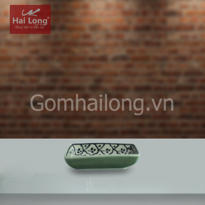 Đĩa muối chữ nhật men xanh đồng vẽ bèo