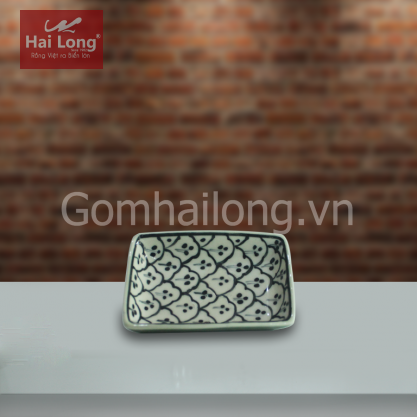 Đĩa muối chữ nhật men xanh đồng vẽ bèo