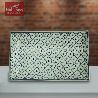 Khay chữ nhật đại men xanh đồng vẽ bèo