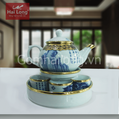 Bộ ấm chén quả hồng bọc đồng kèm khay tròn