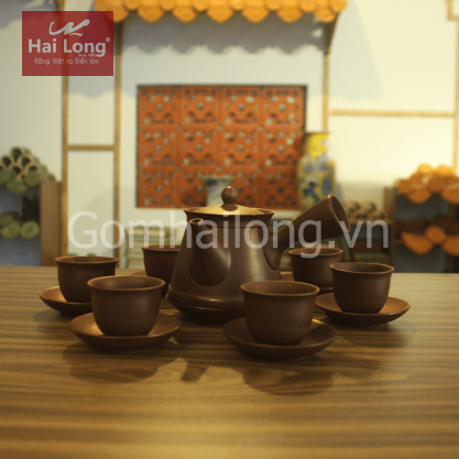 Bộ ấm chén nâu hồng sa quai ngang trụ