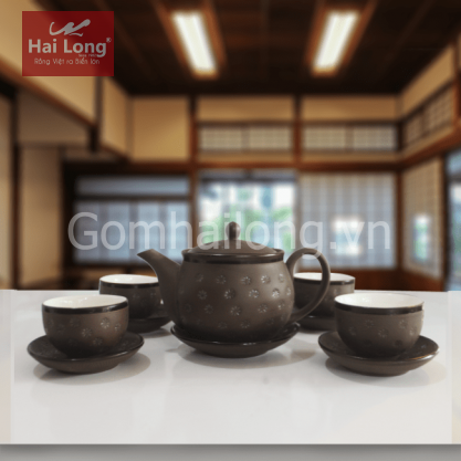Bộ ấm chén tử sa ngàn hoa xanh quai tròn bầu