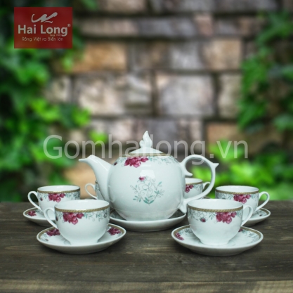 Bộ ấm chén sứ dáng bưởi vẽ hoa hồng 700ml (Trắng)