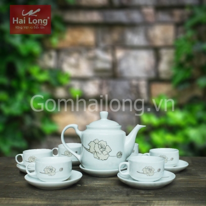 Bộ ấm chén sứ cao cấp Bát Tràng CK quai cong hoa vàng (Trắng)