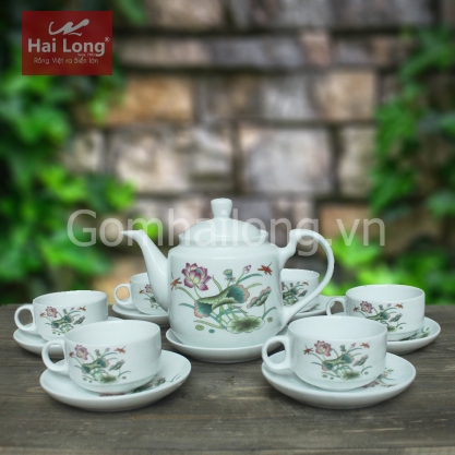 Bộ ấm chén sứ CK quai cong hoa sen (Trắng)