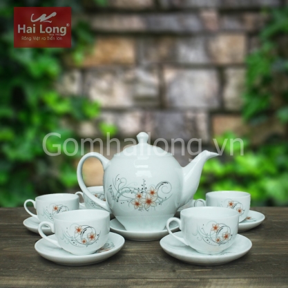 Bộ ấm chén sứ cao cấp dáng Minh Long hoa mai đỏ 800ml (Trắng)