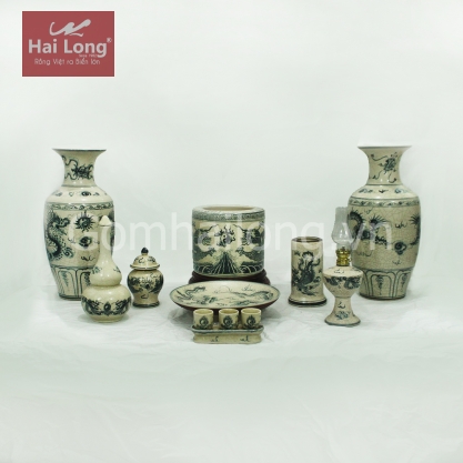 Bộ đồ thờ men rạn họa tiết Long Nguyệt 09 sản phẩm (Men rạn)
