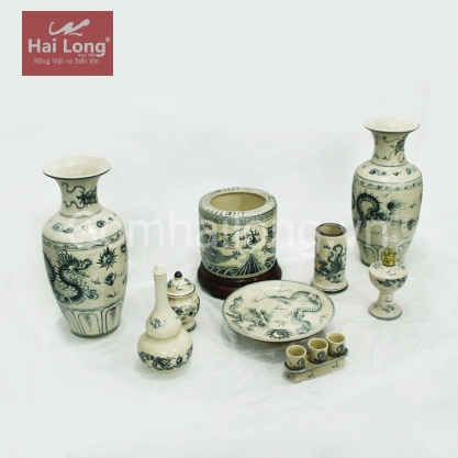 Bộ đồ thờ men rạn họa tiết Long Nguyệt 09 sản phẩm (Men rạn)