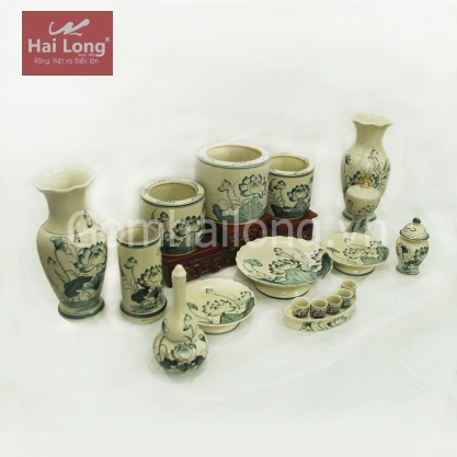Bộ đồ thờ Hoa sen bày ban thờ ngày tết 13 sản phẩm (Men rạn)