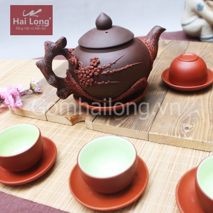Bộ ấm chén tử sa đắp đào đỏ S1