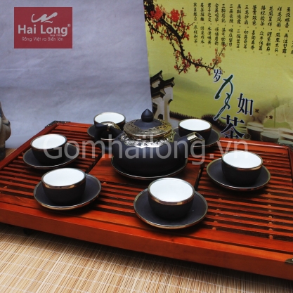 Bộ ấm chén tử sa chóp chỉ bạc bọc đồng S2