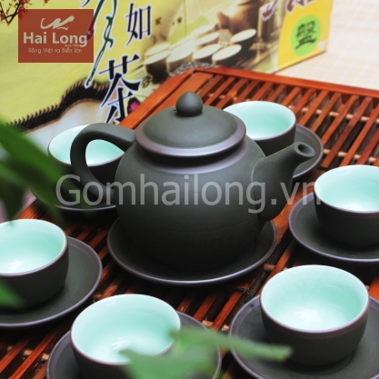 Bộ ấm chén tử sa quả hồng xanh chỉ