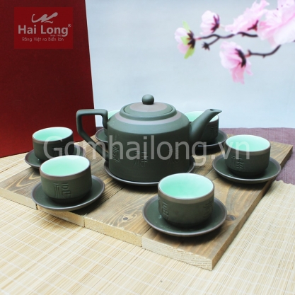 Bộ ấm chén tử sa Phúc Lộc Thọ xanh chỉ