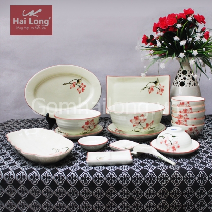 Set 19 sản phẩm bộ bát đĩa Sen chỉ hồng vẽ tay (Trắng)