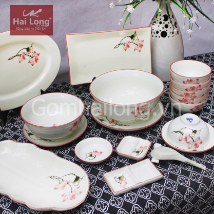Set 19 sản phẩm bộ bát đĩa Sen chỉ hồng vẽ tay (Trắng)