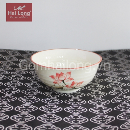 Bát cơm bầu bằng sứ vẽ tay Sen chỉ hồng (Kem)