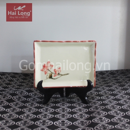 Khay sứ chữ nhật bé vẽ tay Sen chỉ hồng (Kem)