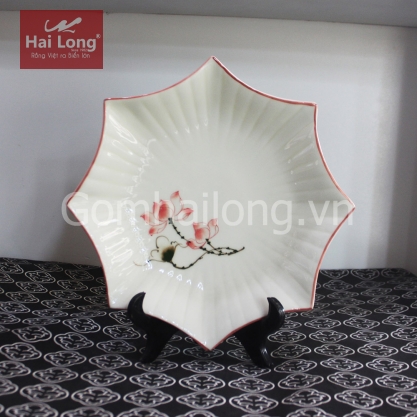 Đĩa sứ đa giác vẽ tay Sen chỉ hồng cao cấp Bát Tràng (Kem)