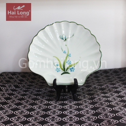 Đĩa sứ cách điệu vỏ sò S3 vẽ Chuồn chỉ xanh (Trắng)