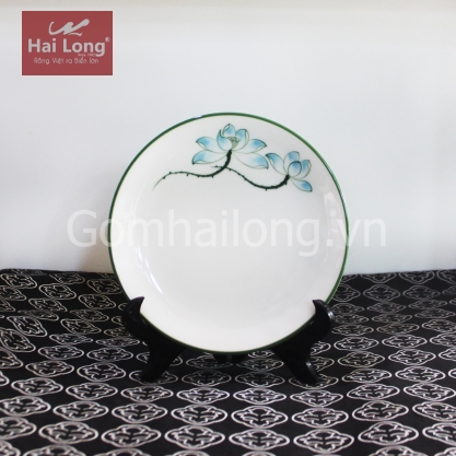 Đĩa sứ tròn Sen xanh vẽ tay phi 18cm (Trắng)