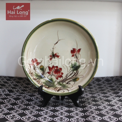 Đĩa sứ tròn Xanh rêu cổ vẽ Sen đỏ phi 22cm 