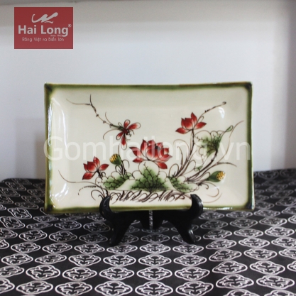 Khay sứ chữ nhật vẽ Sen đỏ S2 (Xanh cổ)