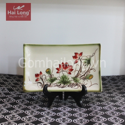Khay sứ chữ nhật Xanh rêu cổ vẽ Sen đỏ S3