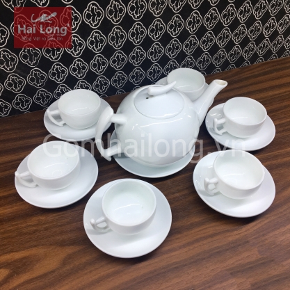 Bộ ấm chén uống trà bằng sứ men trắng Hải Long Bát Tràng